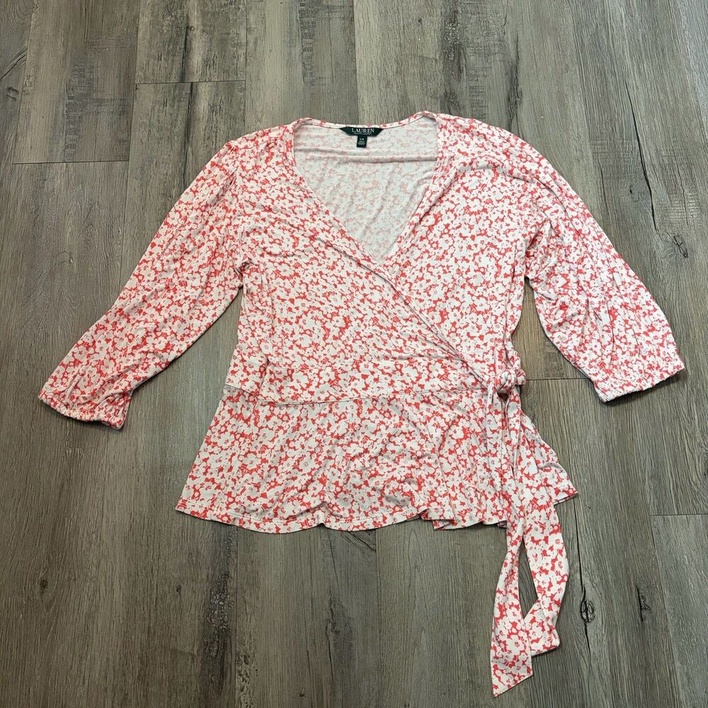 Lauren Ralph Lauren Faux Wrap Blouse Women Size L Coral/Red Crossover 3/4 Sleeve